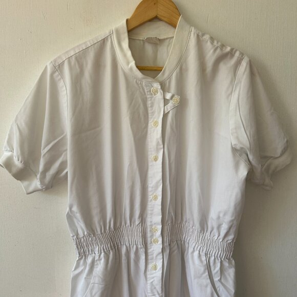 Elan VTG Nursing Uniform Dress Womens Large White Pockets Elastic Waist Buttons - Picture 2 of 6